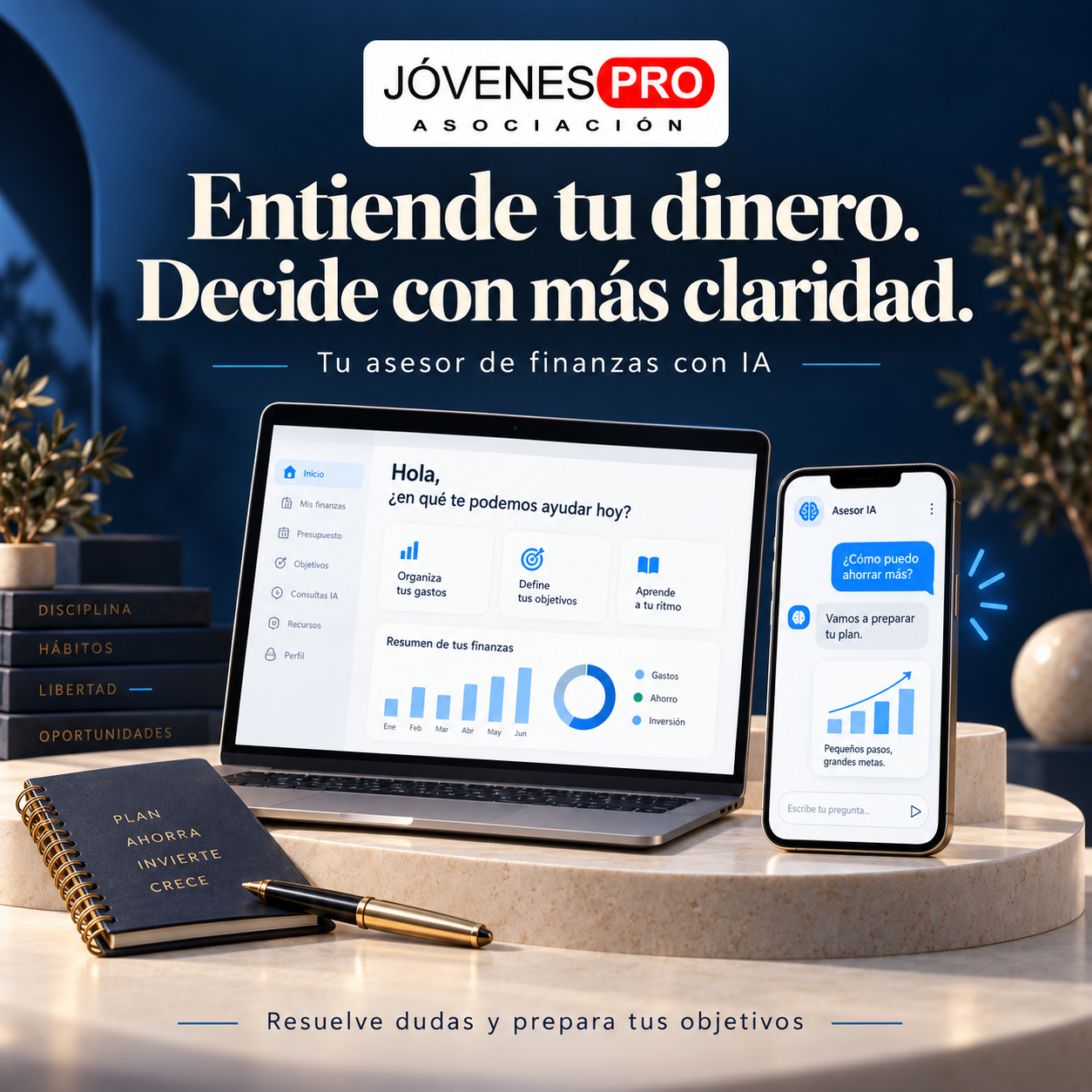 Asesor de finanzas con IA: resuelve dudas y prepara tus objetivos con Jóvenes Pro Finanzas.